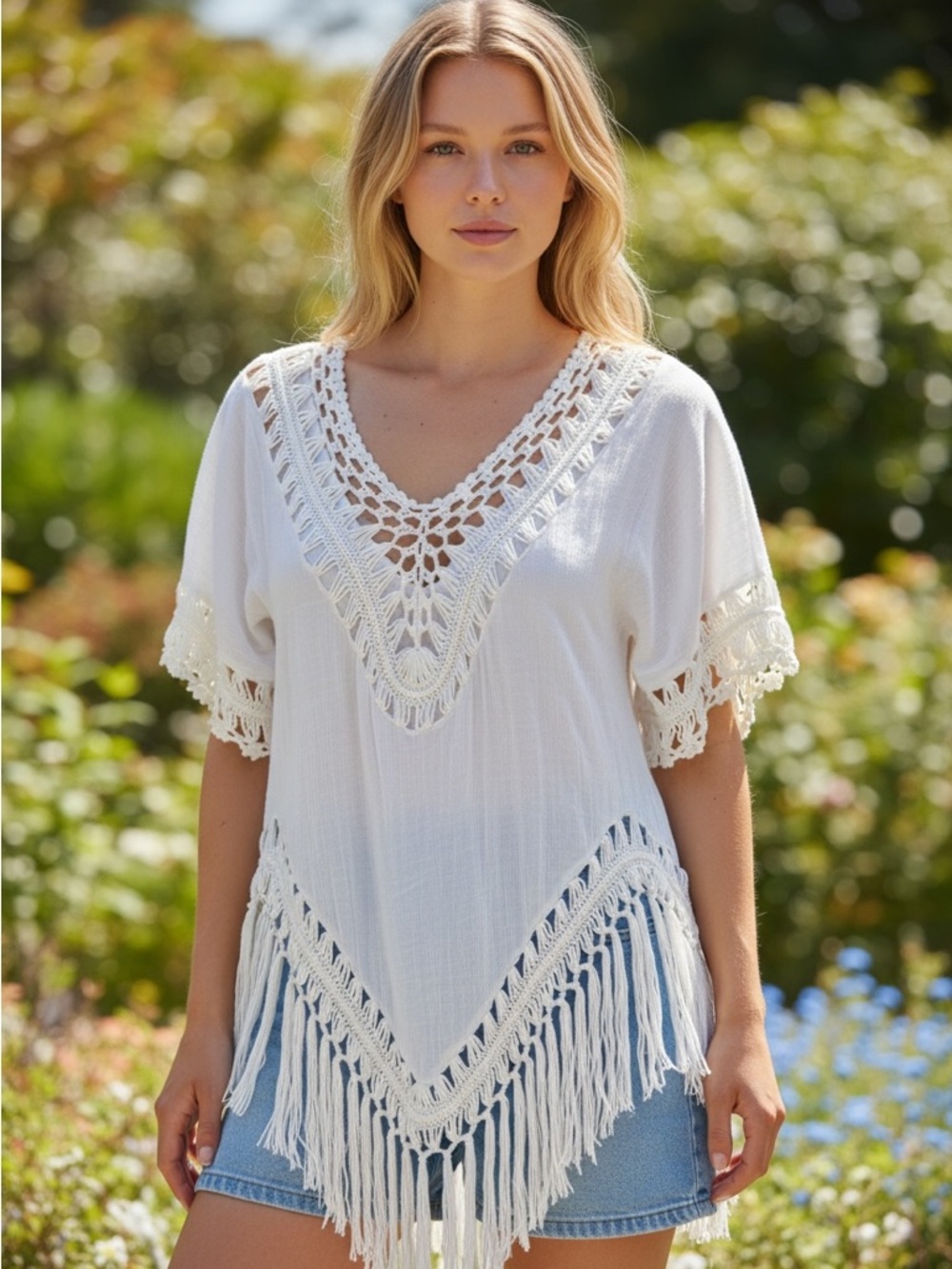 Boho Crochet V-Neck White Fringe Tunic